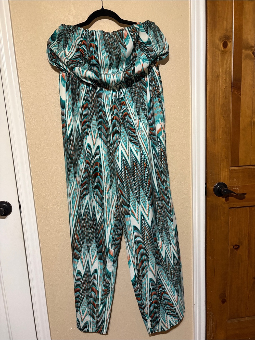 Cato Teal, White & Brown Chevron No-Shoulder Jumpsuit